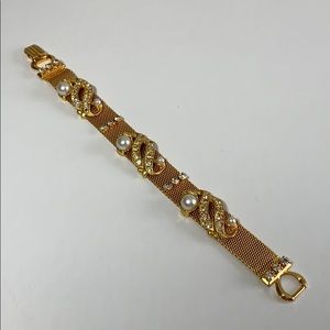 Mesh Bracelet VTG Gold Tone Faux Pearls Rhinestones 7” Cocktail Diamanté
